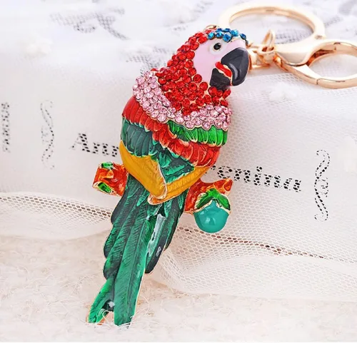 Vista 3 de Llavero de loro para mujer, lindo llavero de animal de loro para niñas, llavero de rama de árbol de loro tropical, llaveros de loro brillante