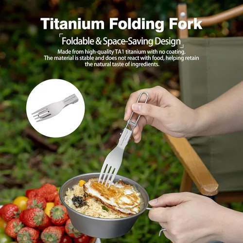 Vista 7 de iBasingo Cuchillo de tenedor de titanio con mango plegable, utensilios de vajilla ultraligeros para camping, picnic al aire libre, senderismo