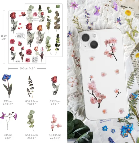 Vista 2 de Mayplous 12 hojas de calcomanías para álbumes de recortes, decoración de flores y plantas para planificador, diario, álbum, diarios, PET