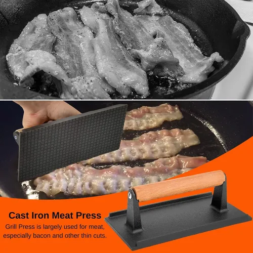 Vista 3 de onlyfire Prensa para carne de hierro fundido con mango de madera, ideal para exprimir la grasa de carnes, aplanar tocino, paninis y hamburguesas