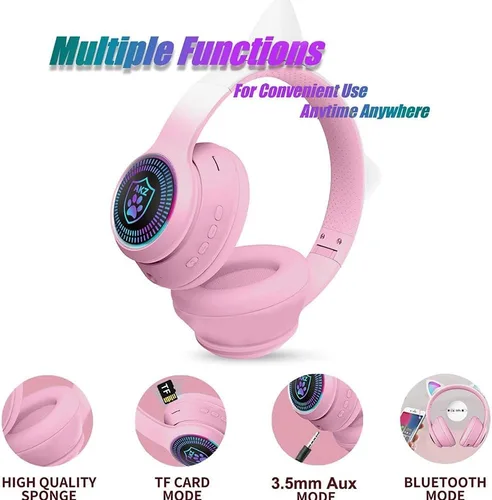 Vista 8 de Auriculares plegables inalámbricos Bluetooth 5.1 con luz LED, VIGROS estéreo, música, sonido envolvente con micrófono AUX para PC, pad, móvil