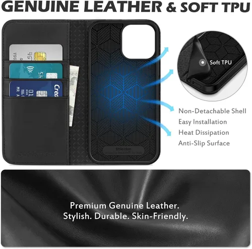 Vista 8 de SHIELDON Funda para iPhone 13 Pro Max 5G, Funda de Cartera de Cuero Genuino Magnética Folio a Prueba de Golpes con Soporte Kickstand Portador