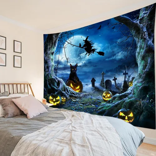 Vista 16 de LB Tapiz espeluznante de cementerio de Halloween, lápida aterradora con árboles muertos, tapiz de bosque para colgar en la pared, tapiz de fondo