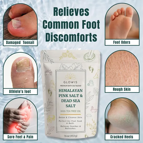 Vista 7 de Glowis - Aceite de árbol de té para pies con sal del Himalaya y del Mar Muerto, remojo de pies de sal de pedicura para decoloración de uñas, callos