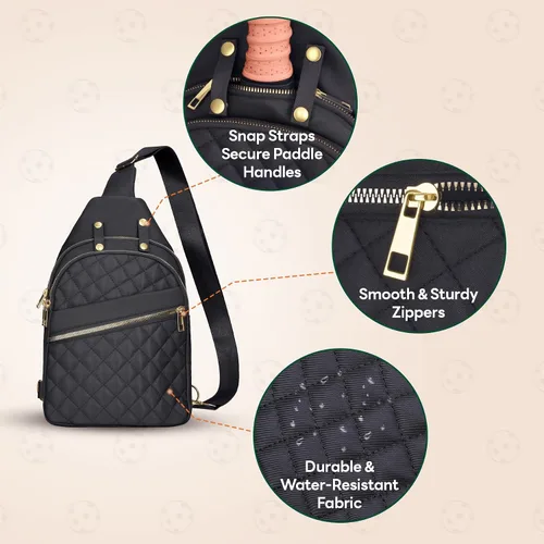 Vista 3 de NiHome Bolsa de pickleball para 2 paletas, mochila cruzada de pickleball para mujeres y hombres, correa ajustable, color negro, Negro (actualizado)