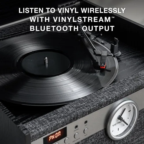 Vista 3 de Victrola Century Signature+ - Tocadiscos 6 en 1, color negro 6-in-1 plays vinyl, CD, cassette and aux, analog clock, 18" legs included