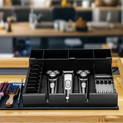 Vista 3 de LALAFINA - Bandeja organizadora de cortapelos de peluquería de 15 x 12 x 4.33 pulgadas, caja de almacenamiento portátil con diseño de corte a