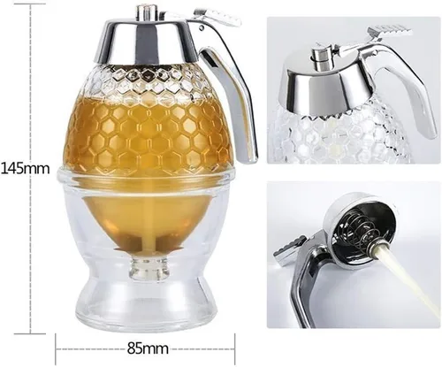 Vista 2 de Dispensador de miel, dispensador de jarabe, dispensador de jarabe acrílico, hermoso tarro de miel de nido de abeja, tarro de miel con soporte