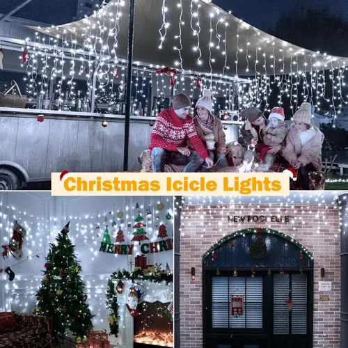 Vista 6 de Ollny Luces de Carámbano para Exteriores Blanco Frío, 600LED 49FT Luces de Navidad con Control Remoto 8 Modos Regulables, Impermeable Conectable