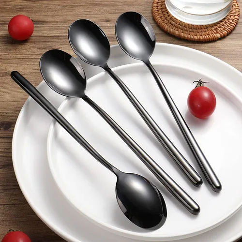 Vista 2 de Ouliget Cuchara de sopa negra de acero, cucharas grandes circulares de mango largo, cuchara de sopa coreana de mango largo, 8 piezas, 8.7 x 1.6