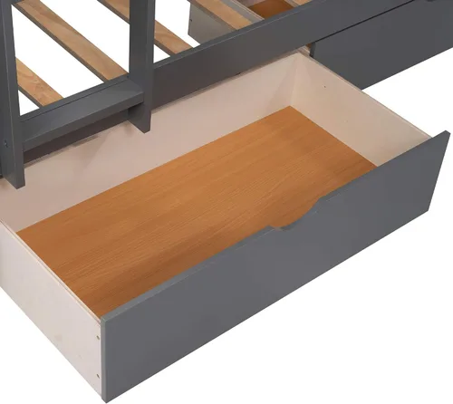 Vista 6 de Harper & Bright Designs Literas triples en forma de L, cama de tamaño individual con una cama alta adjunta, litera de madera con dos cajones de Gris