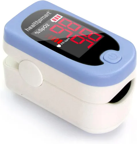 Vista 12 de Oxímetro de pulso HealthSmart para la yema del dedo que muestra el contenido de saturación de oxígeno en sangre, frecuencia de pulso y barra