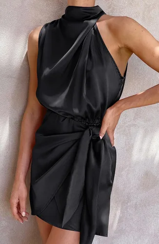 Vista 2 de ZESICA Women's 2023 Fashion Satin Sleeveless Halter Neck Tie Waist Wrap Bodycon Cocktail Party Mini Dress