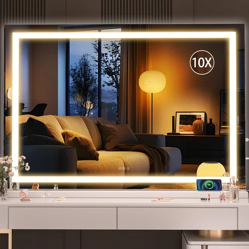 Vista 24 de Hasipu Espejo de tocador con luces, espejo LED de maquillaje de 31.5 x 22 pulgadas, espejo de maquillaje iluminado con 3 modos regulables, espejo