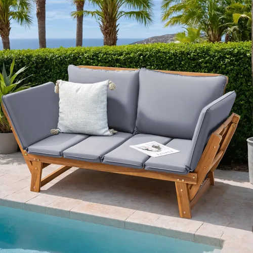 Vista 2 de Greesum - Sofá cama convertible para patio con reposabrazos ajustables, cama de día de madera de acacia para exteriores con cojín y almohada, banco