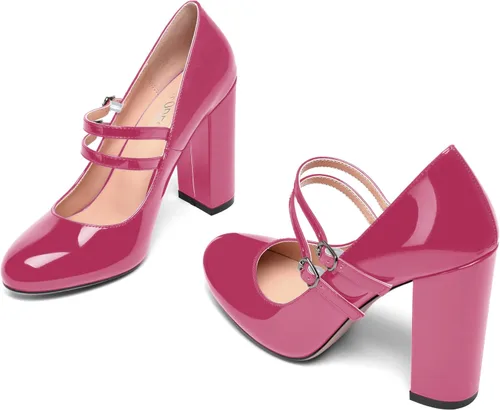 Vista 6 de SHOWFOREST Zapatos de tacón alto con correa ajustable y puntera redonda para mujer, de 4 pulgadas