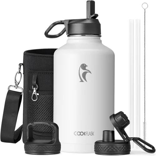 Vista 105 de Coolflask Botella de agua de 20 onzas aislada con pajilla, 3 tapas de metal de acero inoxidable, botella de agua de boca ancha para deportes u
