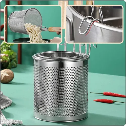 Vista 4 de XENITE Cesta de pasta para hervir pasta, colador de araña, de malla con mango de madera, cuchara ranurada, colador de olla caliente, cucharón