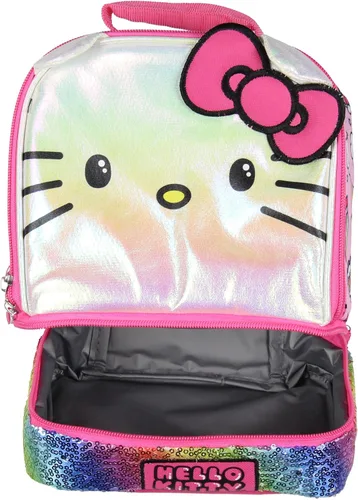 Vista 4 de AI ACCESSORY INNOVATIONS Sanrio Hello Kitty - Lonchera infantil con orejas 3D y lentejuelas arcoíris, bolsa aislante de 9 pulgadas