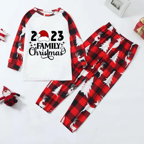 Vista 4 de Pijamas de Navidad a juego para la familia, pijamas clásicos de Navidad a cuadros rojos, divertidos pijamas lindos conjuntos de ropa de dormir