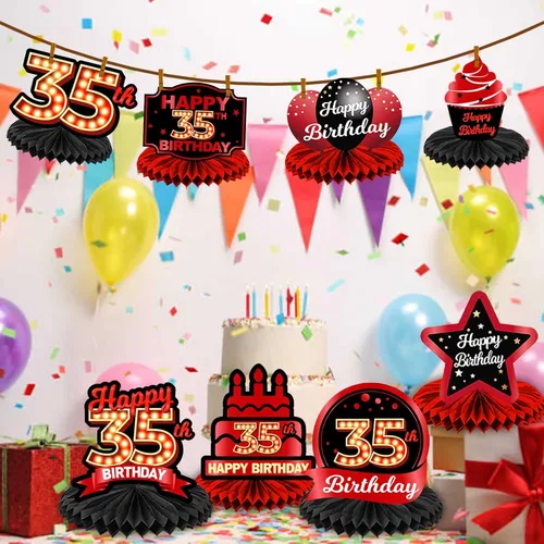 Vista 6 de Centros de mesa con diseño de panal rojo y negro de feliz 35 años, decoración temática de globos, decoración de mesa para niñas y mujeres, princesa