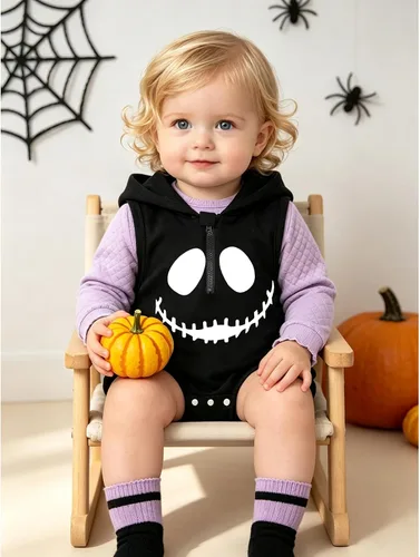 Vista 4 de Mameluco con capucha para bebé niño y niña, disfraz de calabaza Negro-a