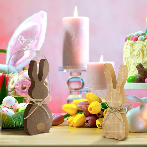 Vista 7 de 3 piezas de decoración de conejo de madera de Pascua con cuerda, letrero de decoración de conejo rústico de 5.91 pulgadas, centro de mesa de conejo
