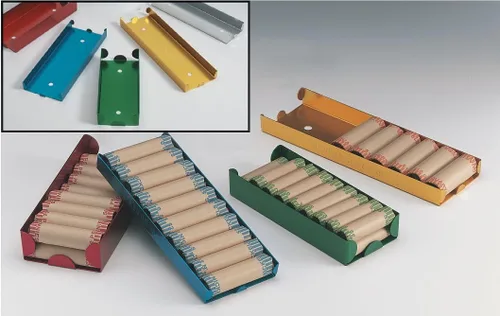 Vista 4 de MMF Industries Bandeja enrollada para monedas Rojo por centavos Diseño apilable Construcción de aluminio resistente Fácil de transportar