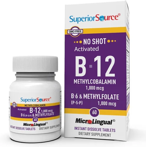 Vista 10 de Superior Source No Shot Vitamina B12 Metilcobalamina (2000 mcg), metilfolato, B6 (P-5-P), microlingüe de disolución rápida, 60 unidades, salud
