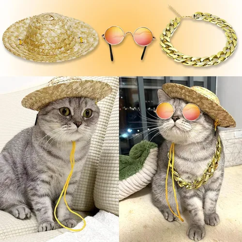 Vista 9 de 6 piezas de disfraz de perro y gato, lentes de sol retro para mascotas, collar de cadena dorada ajustable y sombrero de paja, accesorios divertidos