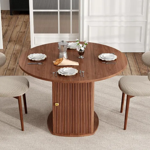 Vista 3 de Mesa de comedor redonda para 4-6 personas, mesa de cocina de granja de 47.24 pulgadas con base acanalada con patrón de ondas, juego de mesa