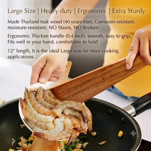 Vista 3 de LorisArm Espátula de madera de teca de 12 ″, espátula de cocina, espátula de huevo, espátula de madera plana, utensilio de cocina de madera, aleta