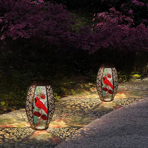 Vista 6 de Faroles solares colgantes para exteriores, luz LED cardenal de cristal, impermeable, hueca, decoración de metal, jardín, patio, regalos, mesa