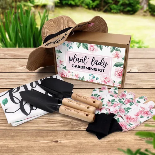 Vista 7 de Percozzi Plant Lady - Herramienta de jardinería para mamá, kit de herramientas de jardinería, sombrero de paja, delantal floral, guante para su