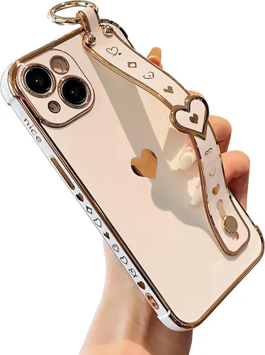 Vista 15 de DEFBSC Funda compatible con iPhone 15, con borde galvanizado, diseño de corazón con correa para la muñeca, protección completa de la cámara