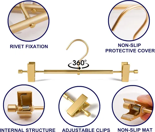 Vista 7 de Amber Home Paquete de 10 perchas de aluminio dorado mate de alta calidad, colgador de falda de metal extra suave y duradero de 12.2 pulgadas