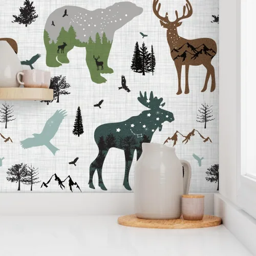 Vista 8 de Spoonflower Papel tapiz para despegar y pegar, diseño de animales del bosque ártico, bosque, montañas de Alaska, aventura, oso, alce, papel tapiz