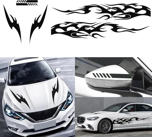 Vista 3 de RUIANTE 6 piezas de calcomanías con diseño de llama para coche, calcomanías laterales para la carrocería, puertas y techo, pegatinas largas de Negro
