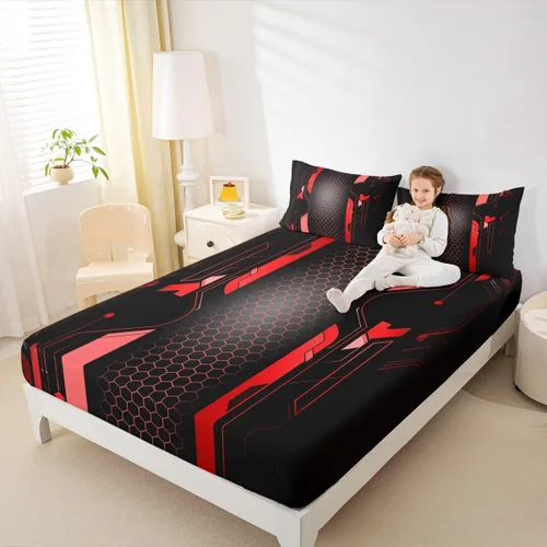Vista 3 de Manfei Sábana bajera ajustable de panal rojo, tamaño matrimonial, juego de ropa de cama hexagonal geométrica de 3 piezas para decoración de Multi 07