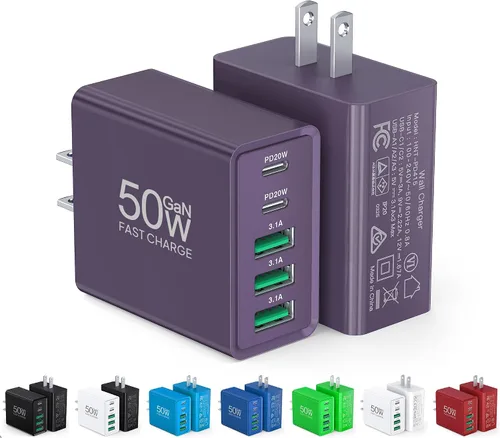 Vista 10 de [Paquete de 2] Cargador de pared USB C, bloque de cargador USB C de 50 W, bloques de carga rápida PD de 5 puertos, 2USB C + 3USB A enchufe