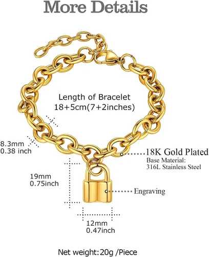 Vista 4 de FOCALOOK Pulseras de cadena de eslabones para mujer, pulseras personalizables, chapadas en oro de 18 quilates, pulsera con dije de bloqueo de cadena