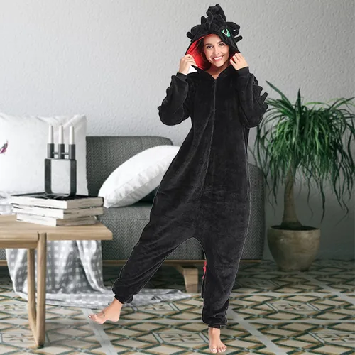 Vista 3 de Toothless Pajamas with Shoes Animal Dragon Train Flannel Costume Winter Plush Onesie PJS Cosplay for family Woman Adult