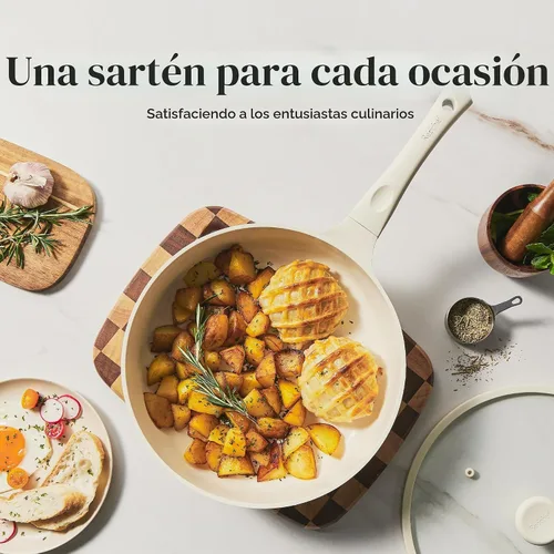 Vista 6 de Redchef Sartén antiadherente para freír con tapa, sartén para saltear de cerámica, libre de PFOA y PFOS, compatible con inducción, mango con ayuda