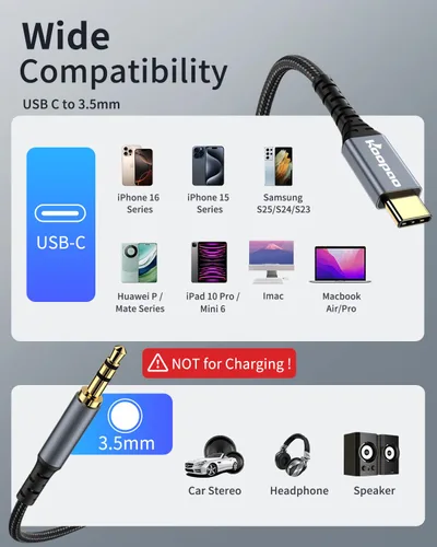 Vista 3 de Cable auxiliar de audio USB tipo C a 0.138 in, resistente al desgaste, antiinterferencia, USB a 0.138 in, cable auxiliar compatible con iPhone 15 16