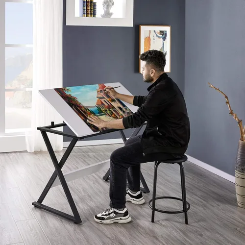 Vista 2 de Yaheetech Mesa de dibujo para artistas, escritorio de arte, dibujo, pintura, mesa de estudio con mesa inclinada, estación de trabajo para adultos