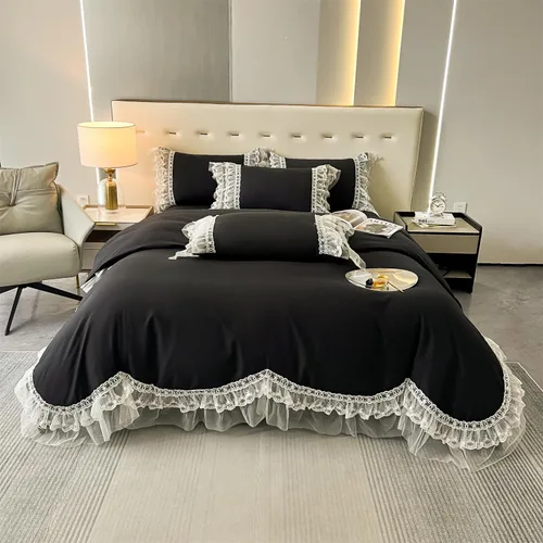 Vista 2 de MOOWOO Chic - Juego de funda de edredón de poliéster y encaje con volantes, ropa de cama negra para niña, funda de edredón de 2 piezas con cierre
