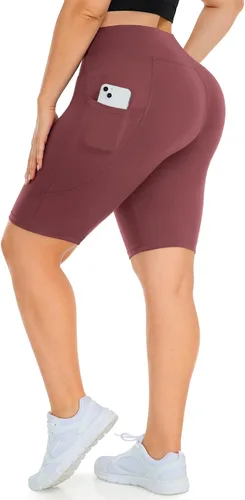 Vista 11 de MOREFEEL Pantalones cortos de ciclismo de talla grande de 8 pulgadas con bolsillos para mujer, cintura alta, control de abdomen, pantalones cortos