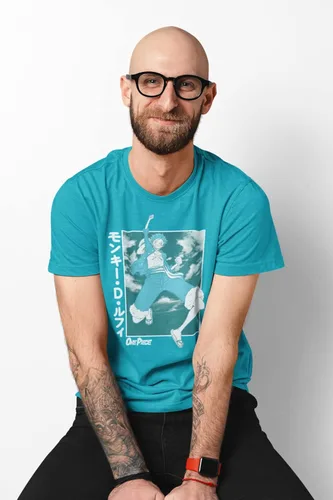 Vista 3 de Ripple Junction Una pieza adulto Unisex Tropical Blue Luffy Peso Ligero 100% Algodón Crew T-Shirt