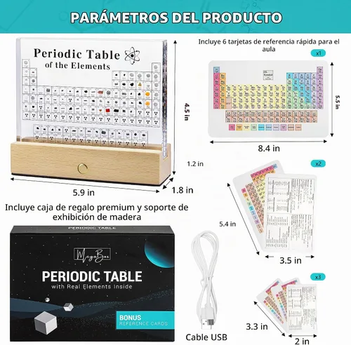 Vista 2 de MegaBox Tabla Periódica de Elementos con 83 Elementos Reales, Exhibición de Tabla Periódica de Acrílico con Soporte de Madera, 6 Tarjetas