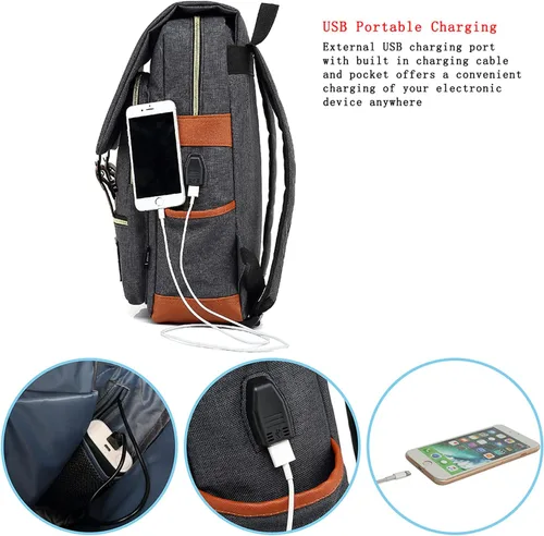 Vista 2 de UGRACE - Mochila vintage para portátil con puerto de carga USB, elegante mochila de viaje resistente al agua, mochilas casuales para hombres y Negro